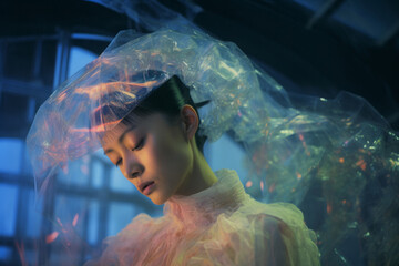Generative ai woman wearing ethereal fantasy dress plays otherworldly musical instruments
