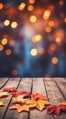 AI Generated autumn maple leaves on wooden plank stand table with glittering bokeh background for Thanksgiving day design concept.
