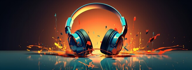 A Colorful Symphony: Vibrant Headphones Drenched in a Splash of Paint. A pair of headphones with a splash of paint in front of an orange background.