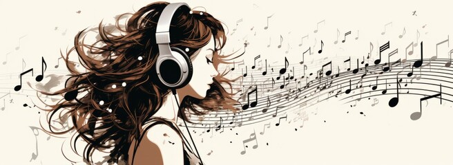 The Melodious Muse: A Woman Immersed in Music and Surrounded by Harmonious Notes. A woman with headphones and musical notes on a white background. - obrazy, fototapety, plakaty
