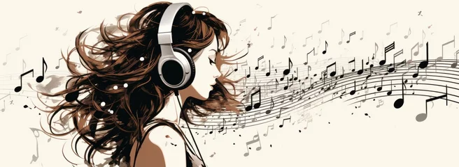 Deurstickers The Melodious Muse: A Woman Immersed in Music and Surrounded by Harmonious Notes. A woman with headphones and musical notes on a white background. © AI Visual Vault