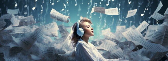 The Melodic Muse: A Woman Immersed in Music and Surrounded by Sheet Music and Music Notes. A woman with headphones is surrounded by sheet music and white music notes all around her.