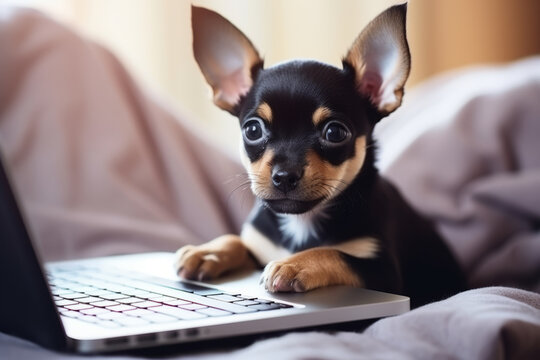 Little chihuahua dog sitting at laptop computer. Smart puppy using computer for online learning, training, shopping, communicate. Remote working from home, freelancing, video game addiction concept