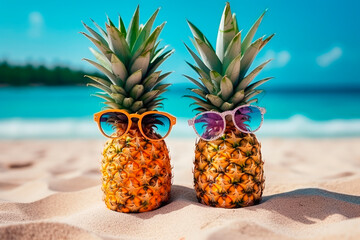 Funny pineapples with sunglasses on the sand of a tropical beach. summer vacation concept