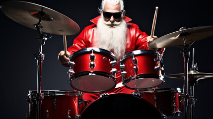 Naklejka premium Cool santa with sunglasses playing the drums, making a party