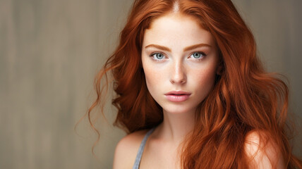 Fototapeta premium Closeup of happy attractive young woman with long wavy red hair. Happy and smiling isolated over white background. 