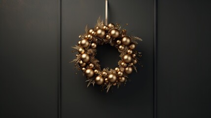  a gold christmas ornament hangs on a black door with a gold wreath hanging on the side of the door.  generative ai - obrazy, fototapety, plakaty