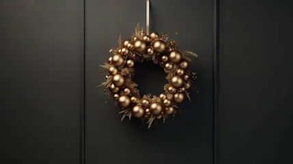 Foto op Plexiglas  a gold christmas ornament hangs on a black door with a gold wreath hanging on the side of the door.  generative ai © Shanti