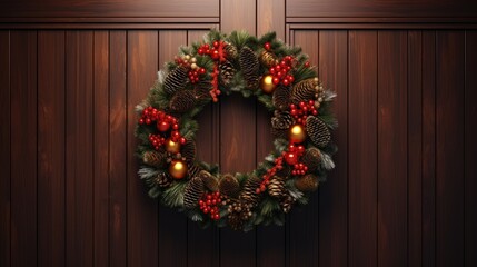 Fototapeta na wymiar a christmas wreath on a wooden door with pine cones, berries, and pine cones on the front of the wreath. generative ai