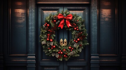 Fototapeta na wymiar a christmas wreath on a door with a red bow hanging on the front of the door and a pair of gold shoes on the front of the door. generative ai