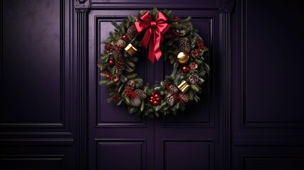 Fototapeta na wymiar a christmas wreath on a purple door with a red bow and a red bow on the top of the wreath. generative ai