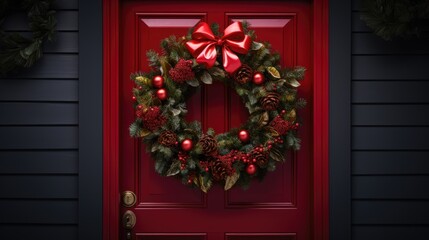 Fototapeta na wymiar a red door with a christmas wreath and a red bow hanging on the front door of a house with christmas decorations. generative ai