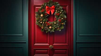 Fototapeta na wymiar a red door with a wreath on it and a red bow hanging from the top of the door and a red bow hanging from the top of the door. generative ai
