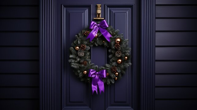  a purple christmas wreath on a blue door with a purple ribbon and a gold ornament hanging on it.  generative ai