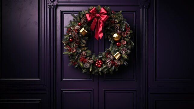  a christmas wreath on a purple door with a red bow and a red bow on the top of the wreath.  generative ai