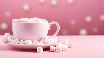 Fototapeta na wymiar a pink cup filled with marshmallows next to a plate of marshmallows on a pink surface. generative ai