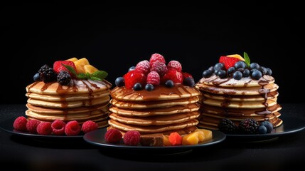  a stack of pancakes topped with fruit on top of a black plate next to another stack of pancakes with fruit on top of them.  