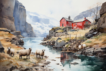 Iceland landshaft with house and sheeps, watercolor illustration - obrazy, fototapety, plakaty