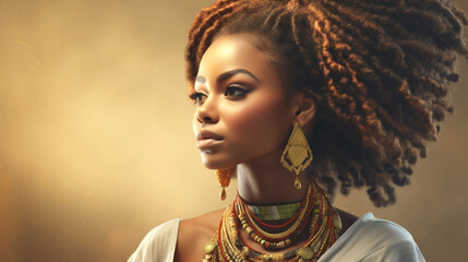 Multiracial woman of natural beauty with authentic accessories. Copy space. Banner.
