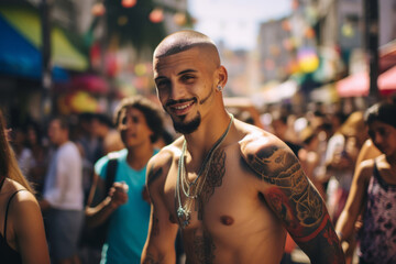 Obraz premium Generative ai young latino man strolling peacefully outdors city street smiling happy