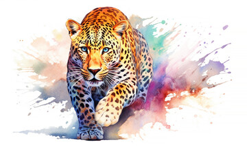 Leopard - Elegante Raubkatze in Bewegung inmitten von Farben Splash - obrazy, fototapety, plakaty