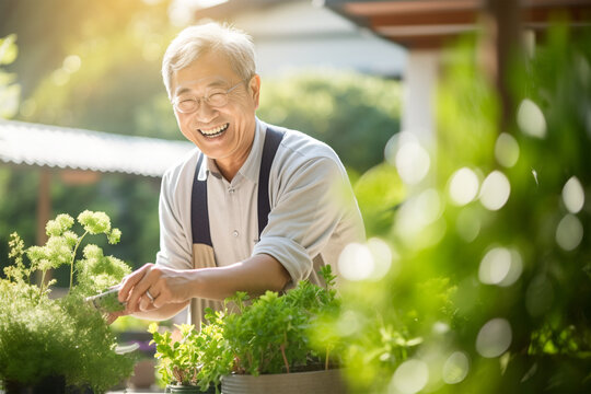 Middleaged asian man working in garden in sunny weather
