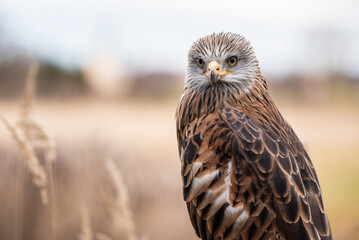 a red kite perching between the reed on the pondshore