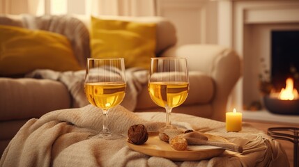  two glasses of wine sitting on a table with a plate of bread and a candle in front of a fireplace. 
