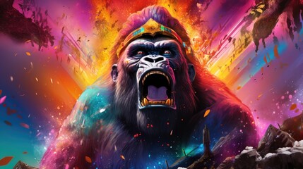  a gorilla with its mouth open in front of a colorful explosion of smoke and rocks, with his mouth wide open and his mouth wide open. 