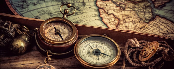 Fototapeta na wymiar Vintage Old Compass on Antique Map, Retro Navigation and Exploration, Old Compass on the vintage map, Lost at Sea - Antique Compass and Navigation Equipment on Vintage Map