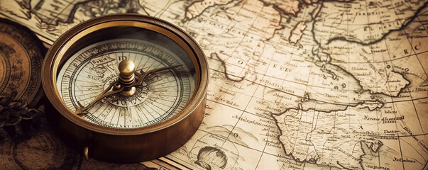 Fototapeta na wymiar Vintage Old Compass on Antique Map, Retro Navigation and Exploration, Old Compass on the vintage map, Lost at Sea - Antique Compass and Navigation Equipment on Vintage Map
