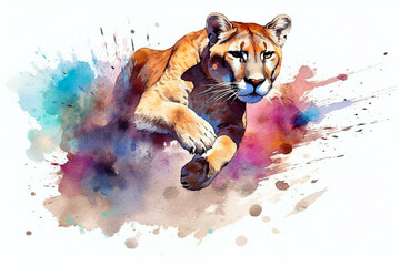Puma - Elegante Raubkatze in Bewegung inmitten von Farben Splash
