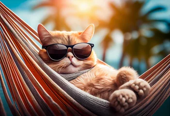 Deurstickers Cheerful illustration, the cat relaxes in a hammock. Cat in sunglasses. AI generated. © serperm73