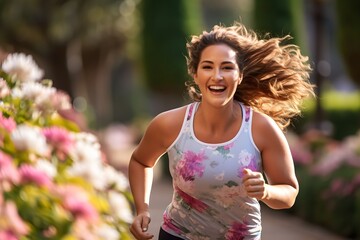overweight, middle-aged woman jogging in the fresh air, concept of losing weight, healthy lifestyle - obrazy, fototapety, plakaty