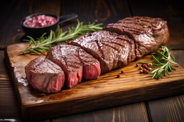 Prime black angus beef roast beef steak baked on a wooden board. Rosemary decorates. AI generated.