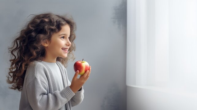  A Little Girl Holding An Apple In Her Hand And Looking Out Of A Window With A Smile On Her Face. 