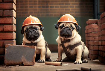 Dog, pug - foreman at a construction site in a protective helmet. Pugs builders. AI generated. - obrazy, fototapety, plakaty
