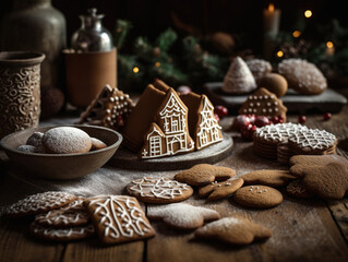 Christmas Gingerbread Cookies On Festive Table Enhance New Year Eve Holiday And Christmas Atmosphere, generative ai