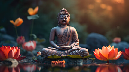 Buddha sat in lotus flower floating on water surface. Happy vesak day concept. Asian culture and religion. Spiritual Buddhism practice. Meditation zen pose. Bronze ancient statue. Sacred garden Asia. - obrazy, fototapety, plakaty