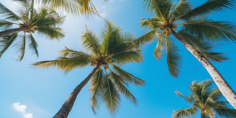 Fototapeta na wymiar Low angle view, palm trees against the blue sky as a backdrop.