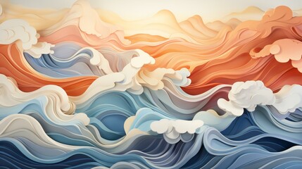 Serene Waves of Color: Abstract Illustration of Stylized Ocean and Sunset - obrazy, fototapety, plakaty
