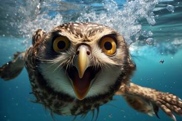 Surprised owl underwater view. Owl snorkeling.