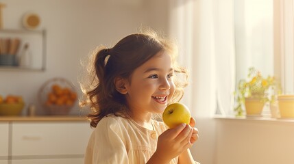  a little girl holding a green apple in her right hand and a yellow apple in her left hand in front of a window.   - Powered by Adobe