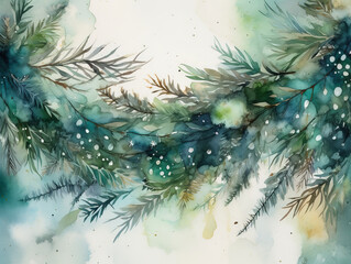 New Year'S, Christmas, Green Branches Of Spruce Are Depicted In Watercolor Drawings And Illustrations, generative ai