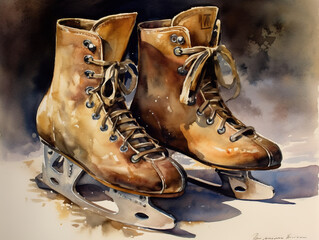 Pair Of Retro Brown Skates Feature In Watercolor Drawings And Illustrations, generative ai