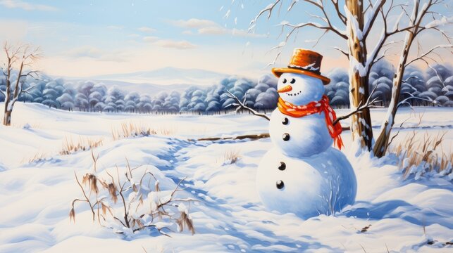  a painting of a snowman with a red hat and scarf standing in the snow in front of a tree.  generative ai
