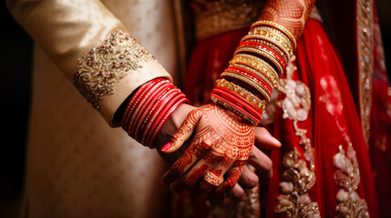 Hands of indian bride and groom in traditional wedding dresses.
