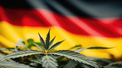 German flag with hemp leaf background. Cannabis legalization in Germany concept. Legal medical hemp plant marijuana. - obrazy, fototapety, plakaty