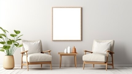 Minimalist composition of elegant living room space with white boucle armchair, photos mock up frames, carpet, coffee table, lamp, decoration and personal accessories. Copy space.