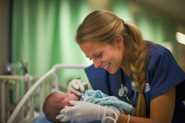 Nurse is caring for a newborn baby